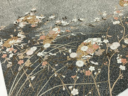 平和屋着物●訪問着　地紙花文　たたき染め　黒地　金彩　正絹　逸品　CABC9967vp