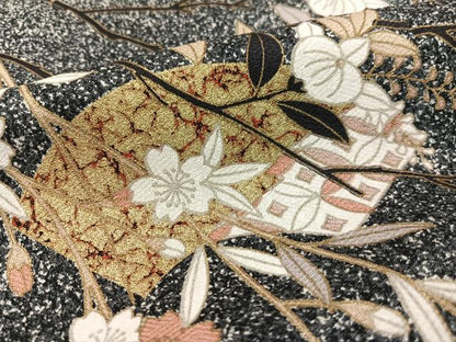 平和屋着物●訪問着　地紙花文　たたき染め　黒地　金彩　正絹　逸品　CABC9967vp