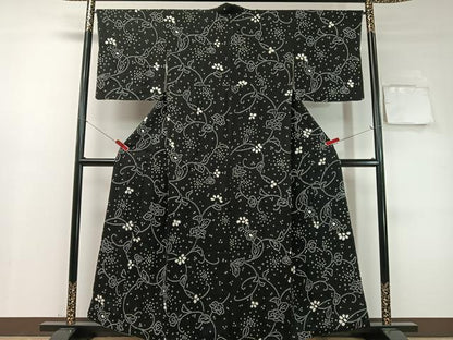 平和屋着物●上質な小紋　総絞り　更紗唐草文　黒地　正絹　逸品　CABC9973vp