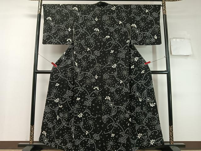 平和屋着物●上質な小紋　総絞り　更紗唐草文　黒地　正絹　逸品　CABC9973vp