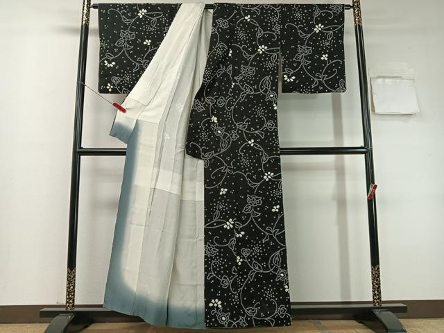 平和屋着物●上質な小紋　総絞り　更紗唐草文　黒地　正絹　逸品　CABC9973vp