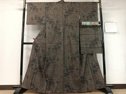 平和屋着物●本場大島紬　久野織物特製　古代染色純泥染　9マルキ　草花文　証紙付き　正絹　逸品　CABC9975vp