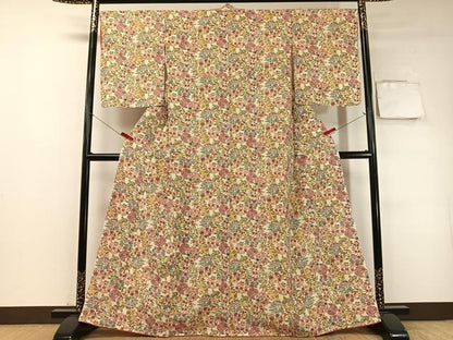 平和屋着物●上質な小紋　型染め　草花丸文　鬼しぼ縮緬　正絹　逸品　未使用　CABC9983vp