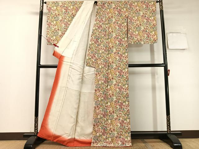 平和屋着物●上質な小紋　型染め　草花丸文　鬼しぼ縮緬　正絹　逸品　未使用　CABC9983vp