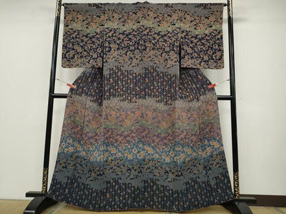 平和屋着物●訪問着 型染め 横段吉祥草花文 鬼しぼ縮緬 正絹 逸品 CABD0006ut