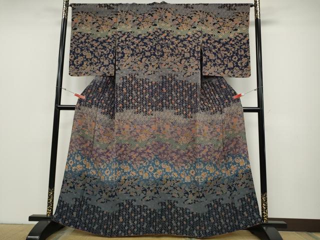 平和屋着物●訪問着 型染め 横段吉祥草花文 鬼しぼ縮緬 正絹 逸品 CABD0006ut