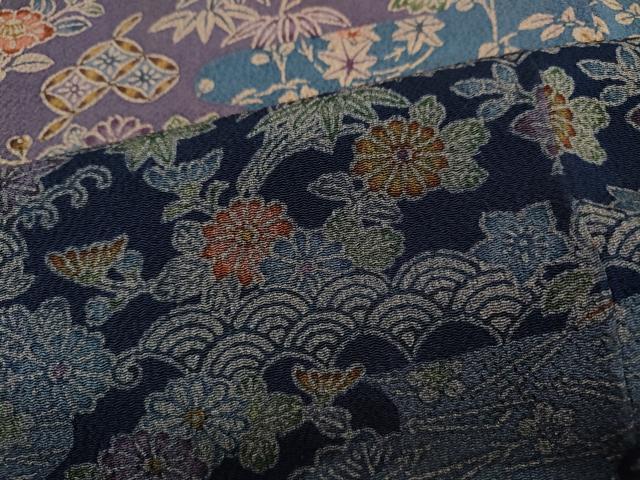 平和屋着物●訪問着 型染め 横段吉祥草花文 鬼しぼ縮緬 正絹 逸品 CABD0006ut