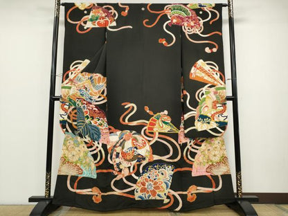 平和屋着物●アンティーク 大正ロマン 振袖 刺繍 扇面飛鶴草花文 黒地 金銀彩 正絹 逸品 CABD0022ut