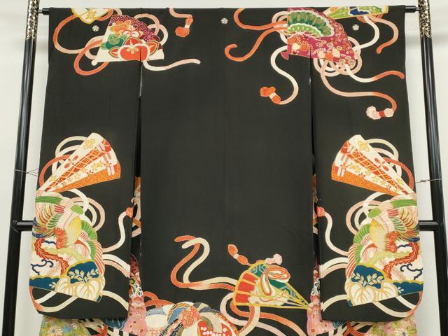 平和屋着物●アンティーク 大正ロマン 振袖 刺繍 扇面飛鶴草花文 黒地 金銀彩 正絹 逸品 CABD0022ut