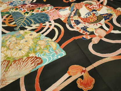 平和屋着物●アンティーク 大正ロマン 振袖 刺繍 扇面飛鶴草花文 黒地 金銀彩 正絹 逸品 CABD0022ut