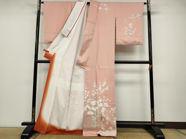 平和屋着物●京友禅作家 打越勇二 訪問着 手描き 休み鳥枝花文 金通し地 ロング丈 正絹 逸品 CABD0029ut