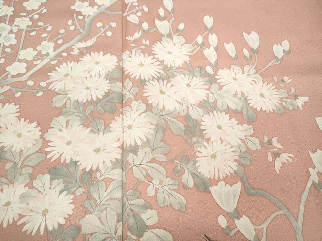 平和屋着物●京友禅作家 打越勇二 訪問着 手描き 休み鳥枝花文 金通し地 ロング丈 正絹 逸品 CABD0029ut