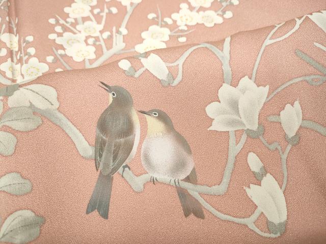 平和屋着物●京友禅作家 打越勇二 訪問着 手描き 休み鳥枝花文 金通し地 ロング丈 正絹 逸品 CABD0029ut