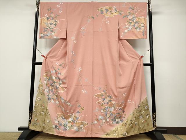 平和屋着物●訪問着 雲重ね流水草花文 暈し染め 金彩 正絹 逸品 CABD0049ut