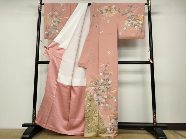 平和屋着物●訪問着 雲重ね流水草花文 暈し染め 金彩 正絹 逸品 CABD0049ut
