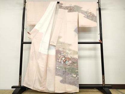 平和屋着物●訪問着 研彩織 草花文 たたき染め 金彩 反端付き 正絹 逸品 未使用 CABD0052ut