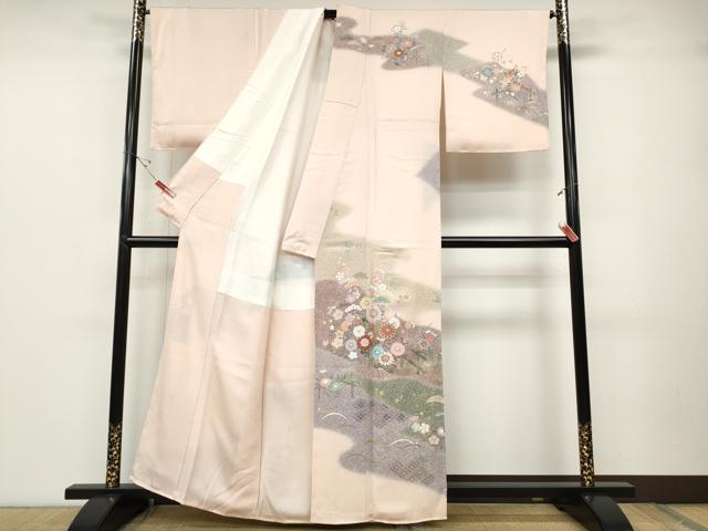 平和屋着物●訪問着 研彩織 草花文 たたき染め 金彩 反端付き 正絹 逸品 未使用 CABD0052ut