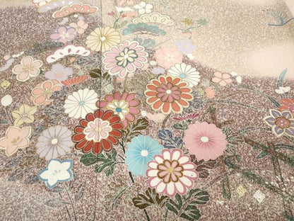 平和屋着物●訪問着 研彩織 草花文 たたき染め 金彩 反端付き 正絹 逸品 未使用 CABD0052ut