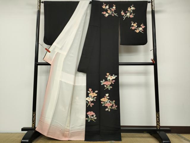 平和屋着物●本加賀友禅作家 談議所栄二 訪問着 枝花文 黒地 正絹 逸品 CABD0058ut
