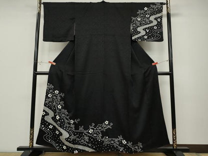 平和屋着物●訪問着 総絞り 流水枝花文 黒地 正絹 逸品 CABD0061ut