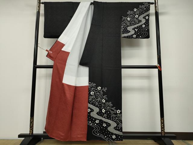 平和屋着物●訪問着 総絞り 流水枝花文 黒地 正絹 逸品 CABD0061ut