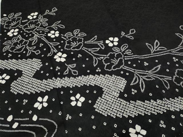 平和屋着物●訪問着 総絞り 流水枝花文 黒地 正絹 逸品 CABD0061ut