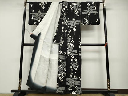 平和屋着物●上質な小紋 総絞り エ霞舞梅文 黒地 正絹 逸品 CABD0064ut