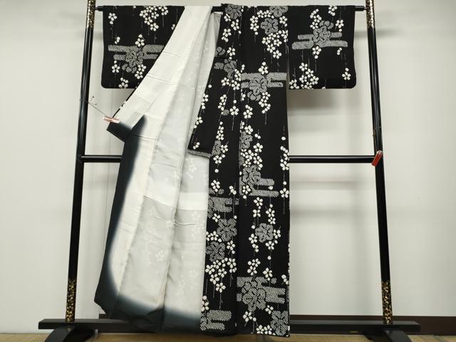 平和屋着物●上質な小紋 総絞り エ霞舞梅文 黒地 正絹 逸品 CABD0064ut