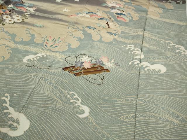 平和屋着物●訪問着 流水風景花文 暈し染め 金彩 鬼しぼ縮緬 正絹 逸品 CABD0065ut