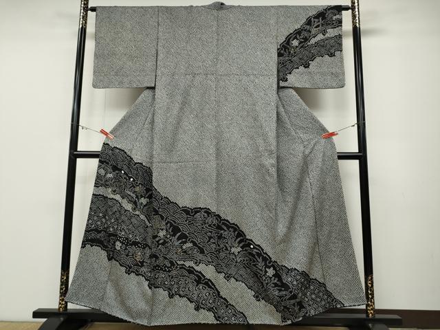平和屋着物●訪問着 総絞り 雪芝風景花文 黒地 金彩 正絹 逸品 CABD0066ut