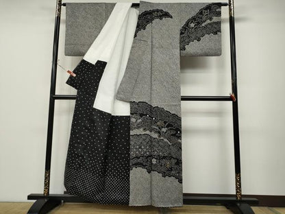 平和屋着物●訪問着 総絞り 雪芝風景花文 黒地 金彩 正絹 逸品 CABD0066ut