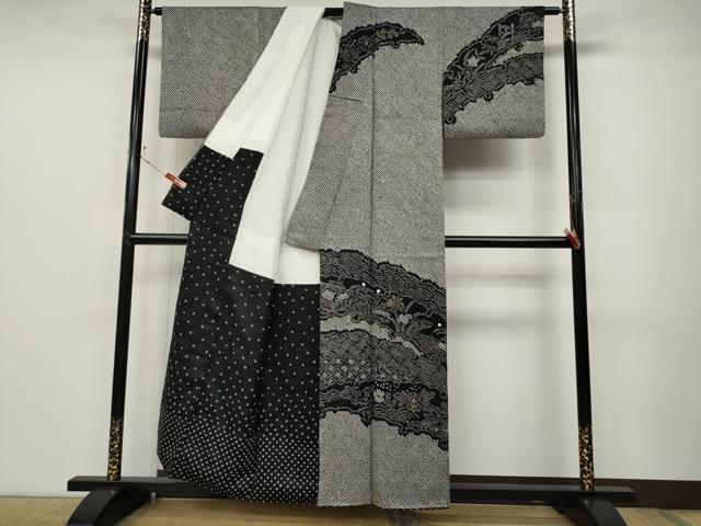 平和屋着物●訪問着 総絞り 雪芝風景花文 黒地 金彩 正絹 逸品 CABD0066ut