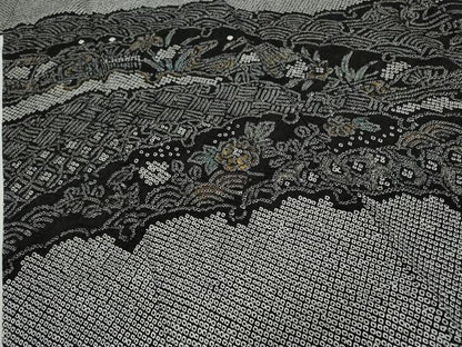 平和屋着物●訪問着 総絞り 雪芝風景花文 黒地 金彩 正絹 逸品 CABD0066ut