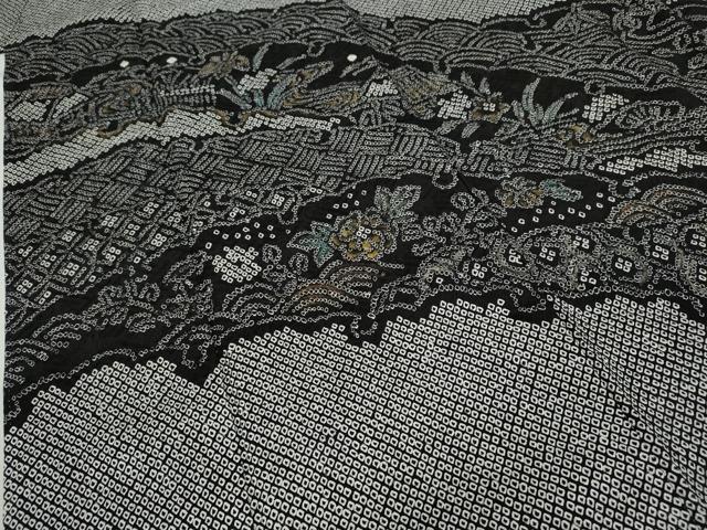 平和屋着物●訪問着 総絞り 雪芝風景花文 黒地 金彩 正絹 逸品 CABD0066ut