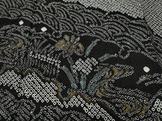 平和屋着物●訪問着 総絞り 雪芝風景花文 黒地 金彩 正絹 逸品 CABD0066ut