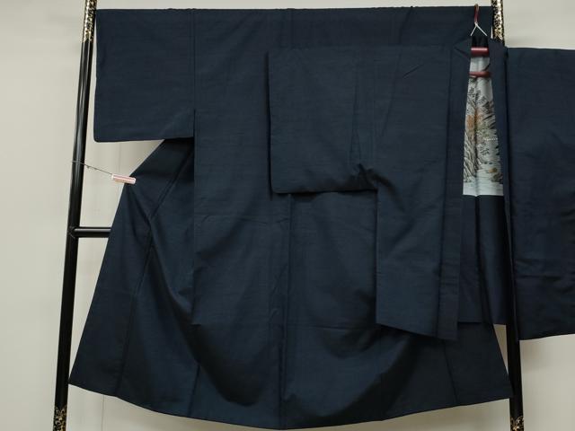 平和屋着物●男性 紬 アンサンブル 色無地 濃藍色 正絹 逸品 CABD0070ut