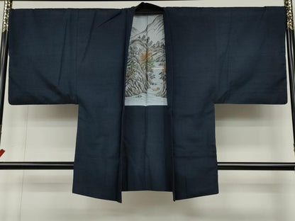 平和屋着物●男性 紬 アンサンブル 色無地 濃藍色 正絹 逸品 CABD0070ut