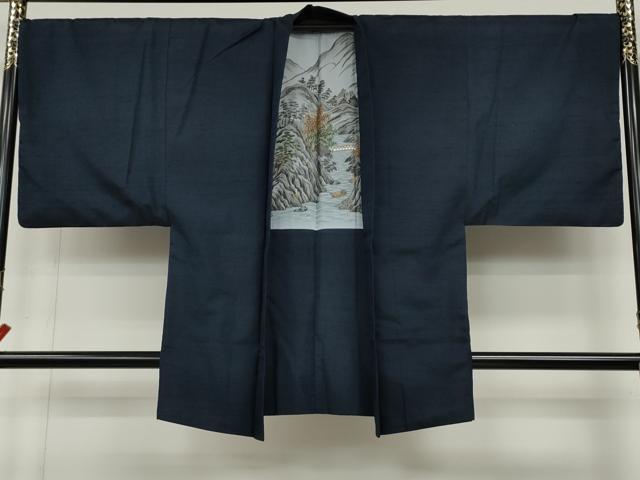 平和屋着物●男性 紬 アンサンブル 色無地 濃藍色 正絹 逸品 CABD0070ut