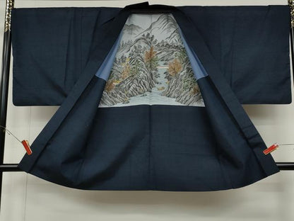 平和屋着物●男性 紬 アンサンブル 色無地 濃藍色 正絹 逸品 CABD0070ut