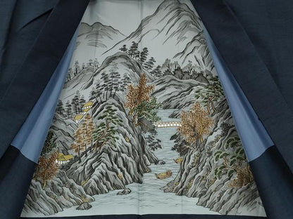 平和屋着物●男性 紬 アンサンブル 色無地 濃藍色 正絹 逸品 CABD0070ut