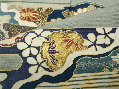 平和屋着物●訪問着　駒刺繍　エ霞吉祥花文　金彩　正絹　逸品　CABD0087ut