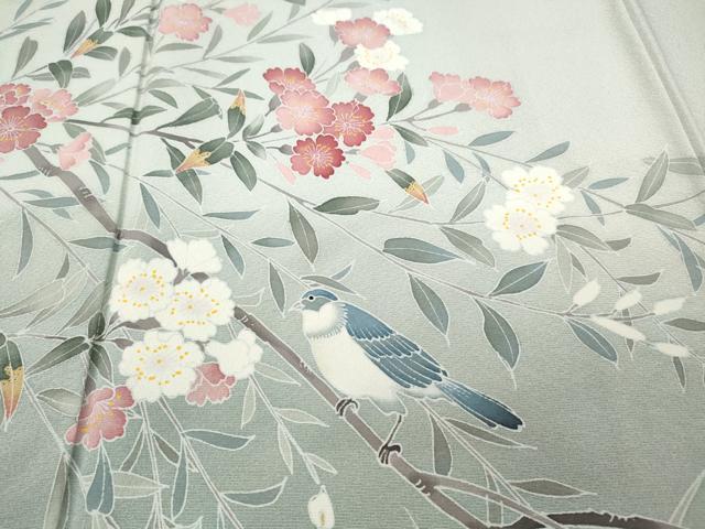 平和屋着物●訪問着　友禅　休み鳥枝花文　暈し染め　正絹　逸品　未使用　CABD0090ut