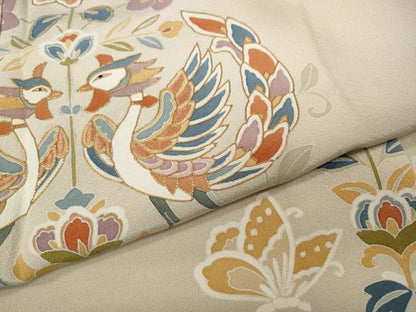 平和屋着物●豪華色留袖　駒刺繍　向かい鳥更紗花蝶文　正絹　逸品　CABD0104ut