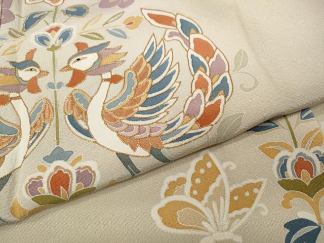 平和屋着物●豪華色留袖　駒刺繍　向かい鳥更紗花蝶文　正絹　逸品　CABD0104ut