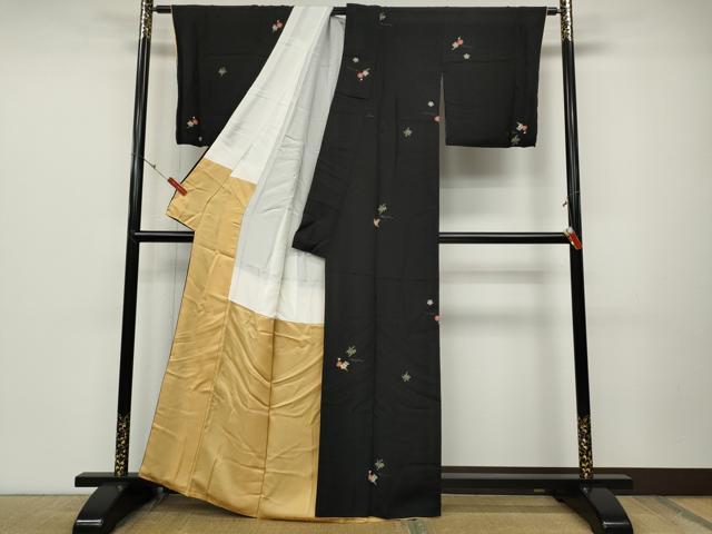 平和屋着物●上質な小紋　笹　枝梅　こぼれ松葉　黒地　金彩　正絹　逸品　CABD0111ut