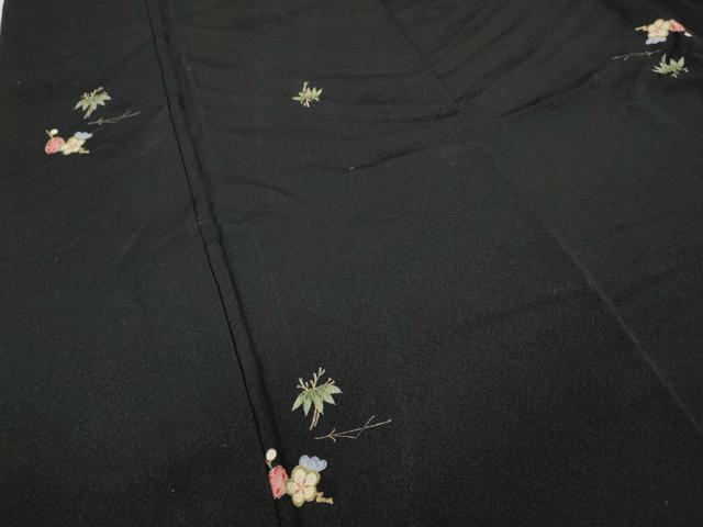 平和屋着物●上質な小紋　笹　枝梅　こぼれ松葉　黒地　金彩　正絹　逸品　CABD0111ut