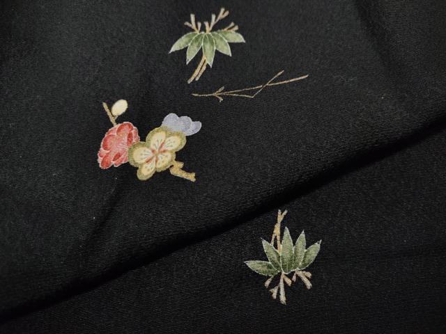 平和屋着物●上質な小紋　笹　枝梅　こぼれ松葉　黒地　金彩　正絹　逸品　CABD0111ut