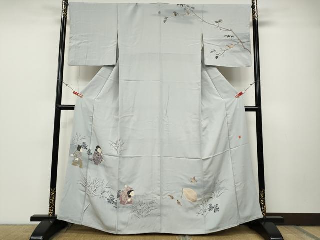 平和屋着物●十日町友禅作家　関口遼一　訪問着　童子遊び　雀　正絹　逸品　CABD0112ut