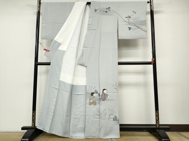 平和屋着物●十日町友禅作家　関口遼一　訪問着　童子遊び　雀　正絹　逸品　CABD0112ut