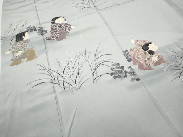平和屋着物●十日町友禅作家　関口遼一　訪問着　童子遊び　雀　正絹　逸品　CABD0112ut